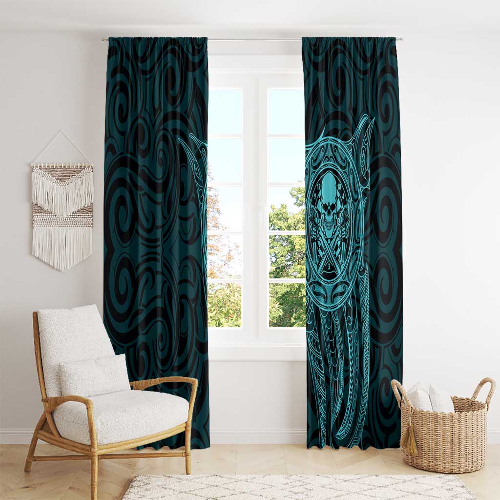 New Zealand Skull Darts Window Curtain Aotearoa Maori Chest Tattoo Stylized Teal - Polynesian Pride