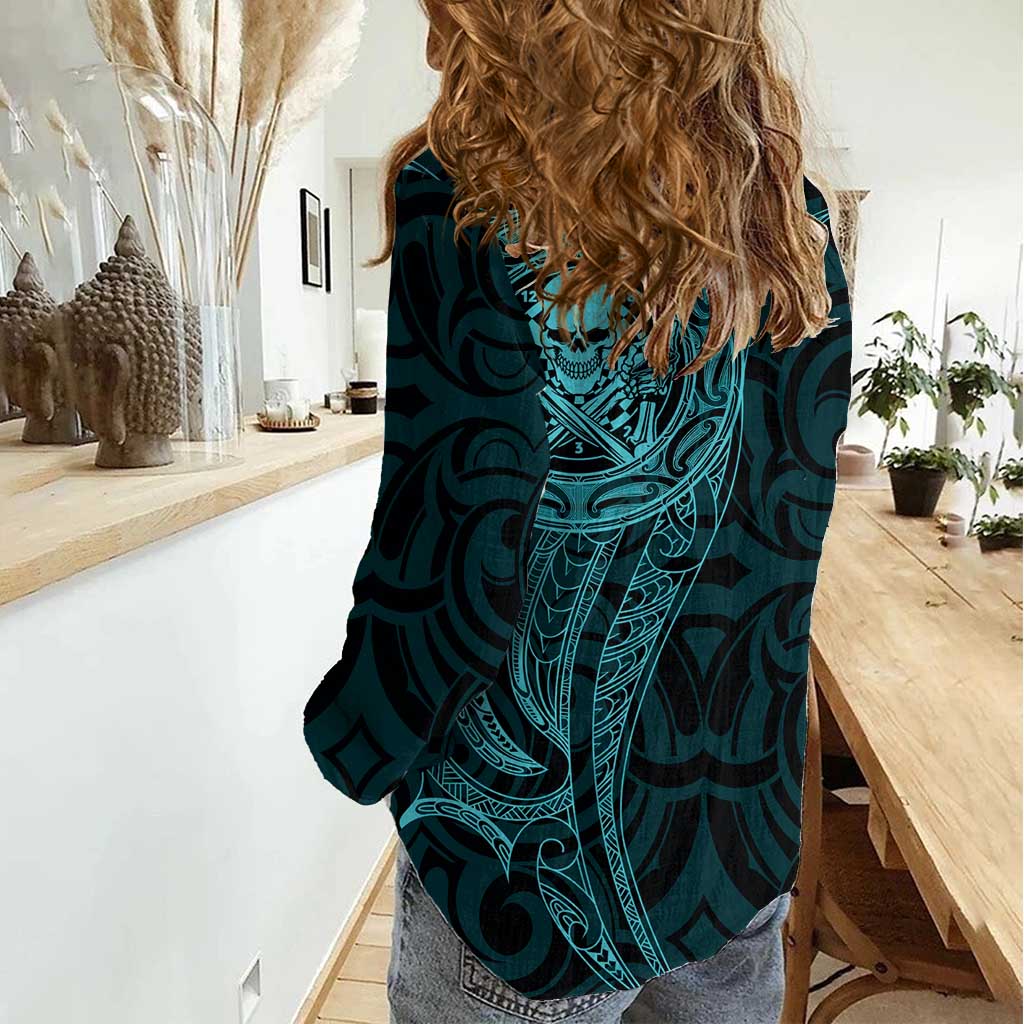New Zealand Skull Darts Women Casual Shirt Aotearoa Maori Chest Tattoo Stylized Teal LT14 - Polynesian Pride