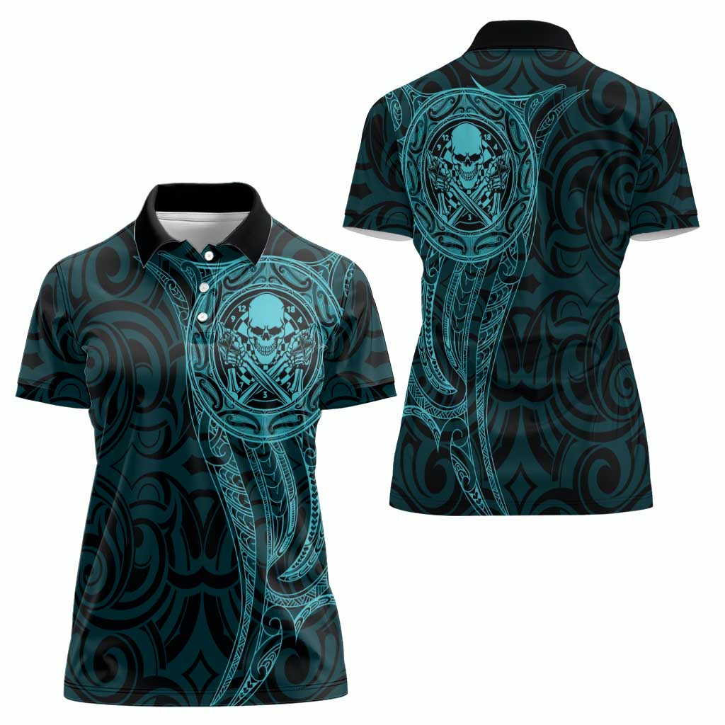 New Zealand Skull Darts Women Polo Shirt Aotearoa Maori Chest Tattoo Stylized Teal LT14 - Polynesian Pride