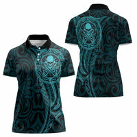 New Zealand Skull Darts Women Polo Shirt Aotearoa Maori Chest Tattoo Stylized Teal LT14 - Polynesian Pride