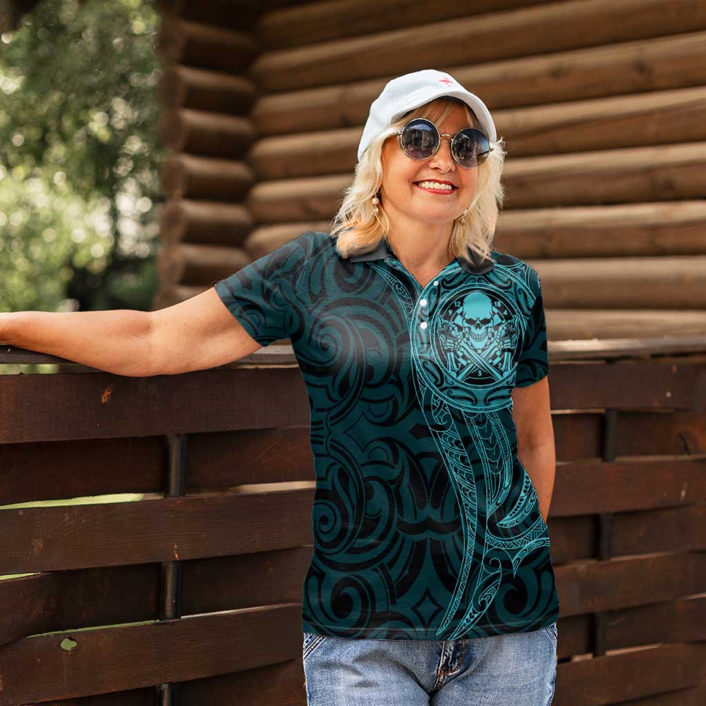 New Zealand Skull Darts Women Polo Shirt Aotearoa Maori Chest Tattoo Stylized Teal LT14 - Polynesian Pride
