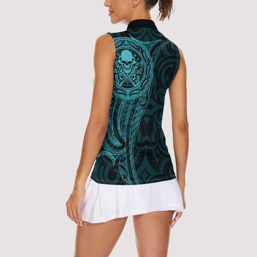 New Zealand Skull Darts Women Sleeveless Polo Shirt Aotearoa Maori Chest Tattoo Stylized Teal LT14 - Polynesian Pride