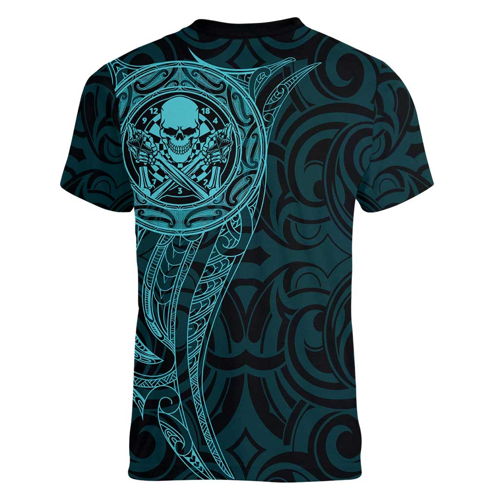 New Zealand Skull Darts Women V-Neck T-Shirt Aotearoa Maori Chest Tattoo Stylized Teal LT14 - Polynesian Pride