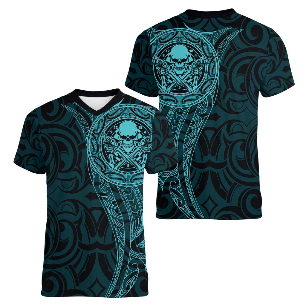 New Zealand Skull Darts Women V-Neck T-Shirt Aotearoa Maori Chest Tattoo Stylized Teal LT14 - Polynesian Pride