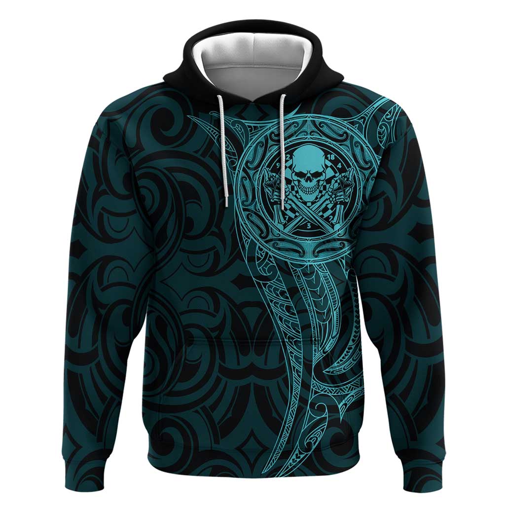 New Zealand Skull Darts Zip Hoodie Aotearoa Maori Chest Tattoo Stylized Teal - Polynesian Pride