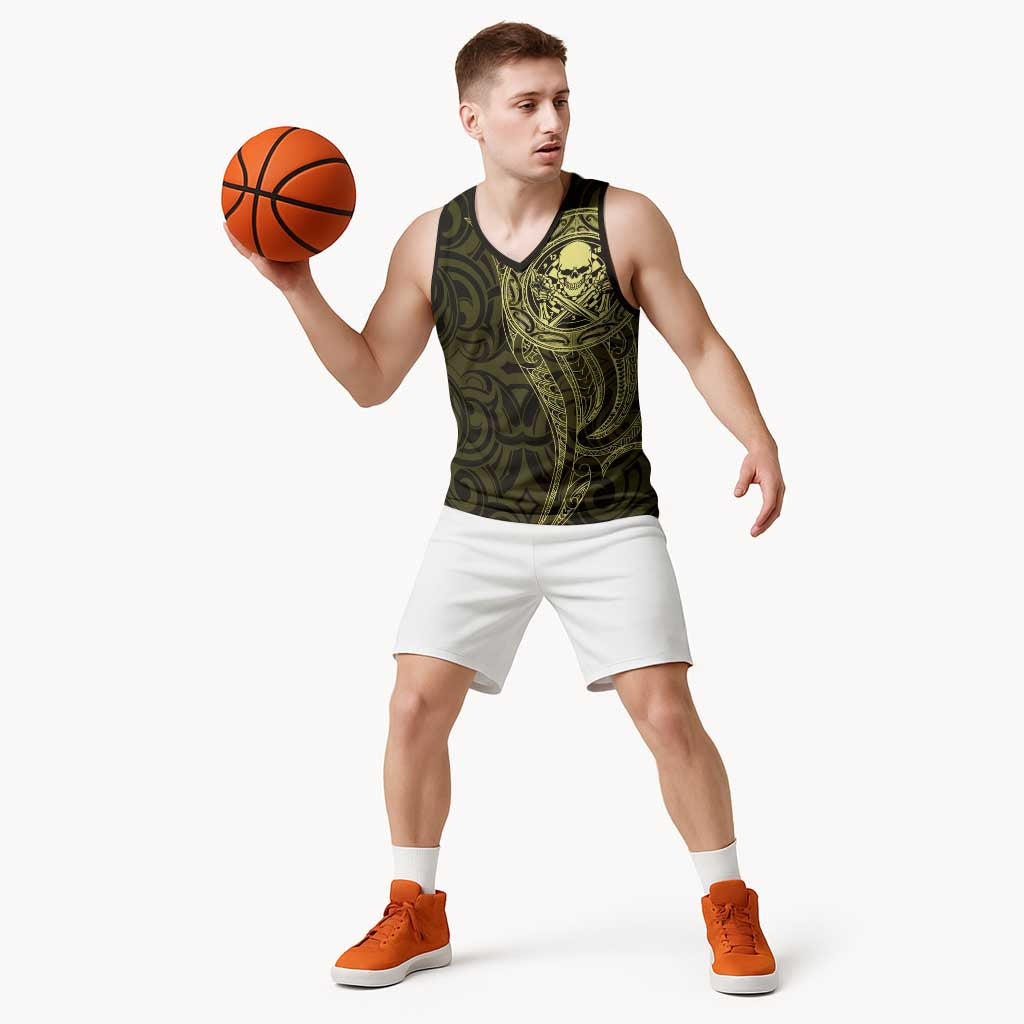 New Zealand Skull Darts Basketball Jersey Aotearoa Maori Chest Tattoo Stylized Gold - Polynesian Pride