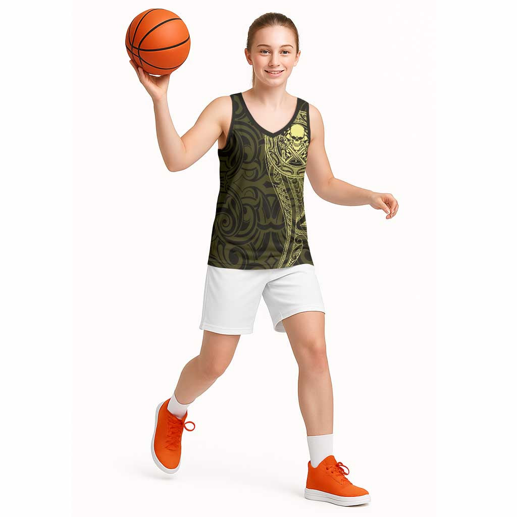 New Zealand Skull Darts Basketball Jersey Aotearoa Maori Chest Tattoo Stylized Gold - Polynesian Pride