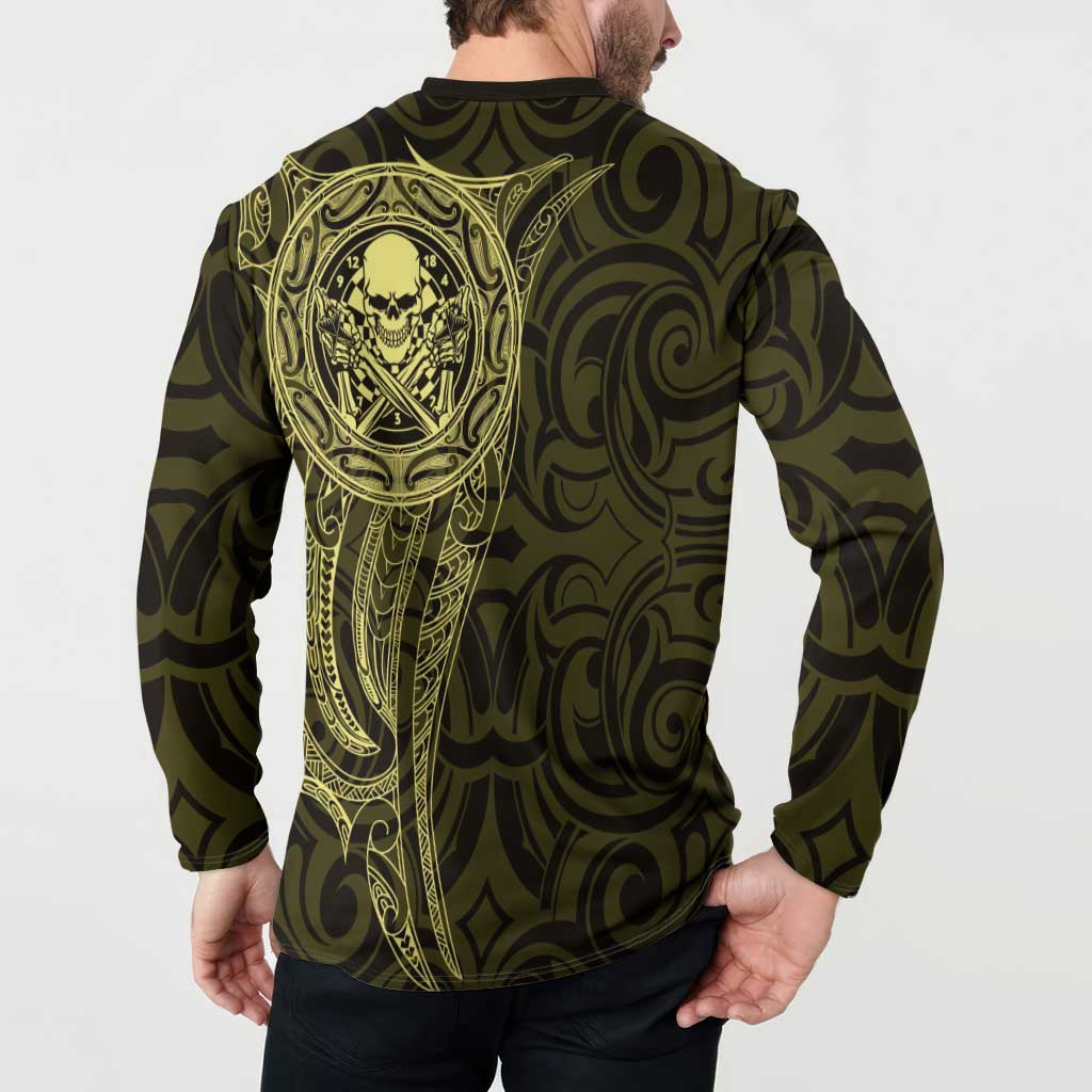 New Zealand Skull Darts Button Sweatshirt Aotearoa Maori Chest Tattoo Stylized Gold - Polynesian Pride