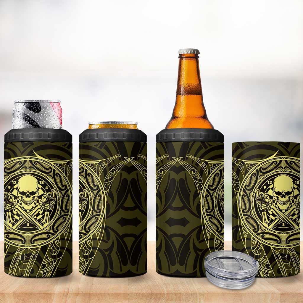 New Zealand Skull Darts 4 in 1 Can Cooler Tumbler Aotearoa Maori Chest Tattoo Stylized Gold LT14 - Polynesian Pride