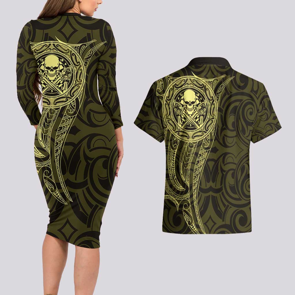 New Zealand Skull Darts Couples Matching Long Sleeve Bodycon Dress and Hawaiian Shirt Aotearoa Maori Chest Tattoo Stylized Gold - Polynesian Pride