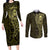 New Zealand Skull Darts Couples Matching Long Sleeve Bodycon Dress and Long Sleeve Button Shirt Aotearoa Maori Chest Tattoo Stylized Gold - Polynesian Pride