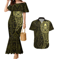 New Zealand Skull Darts Couples Matching Mermaid Dress and Hawaiian Shirt Aotearoa Maori Chest Tattoo Stylized Gold - Polynesian Pride