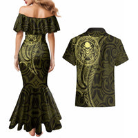 New Zealand Skull Darts Couples Matching Mermaid Dress and Hawaiian Shirt Aotearoa Maori Chest Tattoo Stylized Gold - Polynesian Pride