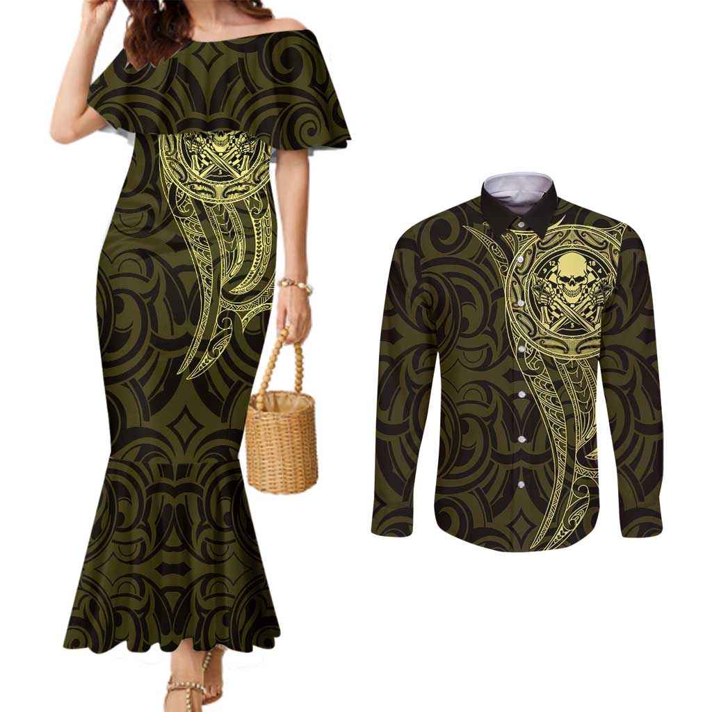 New Zealand Skull Darts Couples Matching Mermaid Dress and Long Sleeve Button Shirt Aotearoa Maori Chest Tattoo Stylized Gold - Polynesian Pride