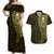 New Zealand Skull Darts Couples Matching Off Shoulder Maxi Dress and Hawaiian Shirt Aotearoa Maori Chest Tattoo Stylized Gold - Polynesian Pride