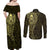 New Zealand Skull Darts Couples Matching Off Shoulder Maxi Dress and Long Sleeve Button Shirt Aotearoa Maori Chest Tattoo Stylized Gold - Polynesian Pride