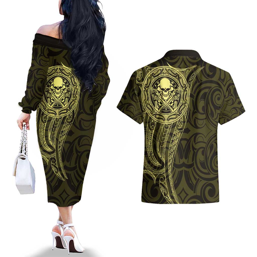 New Zealand Skull Darts Couples Matching Off The Shoulder Long Sleeve Dress and Hawaiian Shirt Aotearoa Maori Chest Tattoo Stylized Gold LT14 - Polynesian Pride