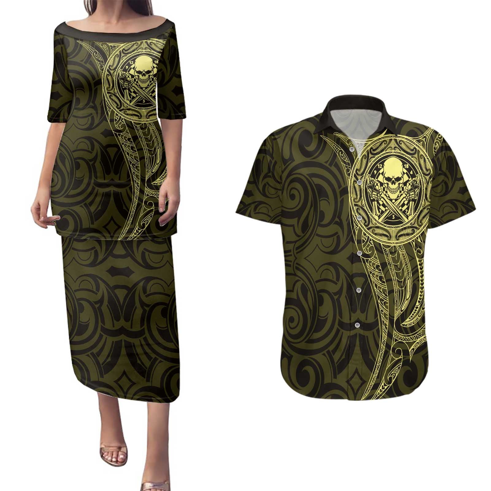 New Zealand Skull Darts Couples Matching Puletasi and Hawaiian Shirt Aotearoa Maori Chest Tattoo Stylized Gold - Polynesian Pride