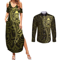 New Zealand Skull Darts Couples Matching Summer Maxi Dress and Long Sleeve Button Shirt Aotearoa Maori Chest Tattoo Stylized Gold - Polynesian Pride