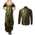 New Zealand Skull Darts Couples Matching Summer Maxi Dress and Long Sleeve Button Shirt Aotearoa Maori Chest Tattoo Stylized Gold - Polynesian Pride