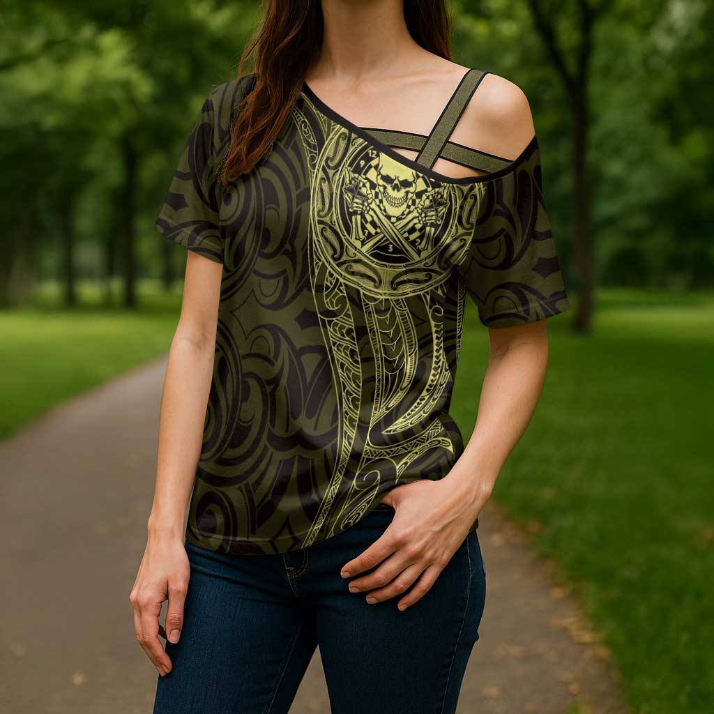 New Zealand Skull Darts Cross Shoulder Shirt Aotearoa Maori Chest Tattoo Stylized Gold - Polynesian Pride