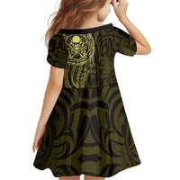 New Zealand Skull Darts Family Matching Long Sleeve Bodycon Dress and Hawaiian Shirt Aotearoa Maori Chest Tattoo Stylized Gold LT14 - Polynesian Pride