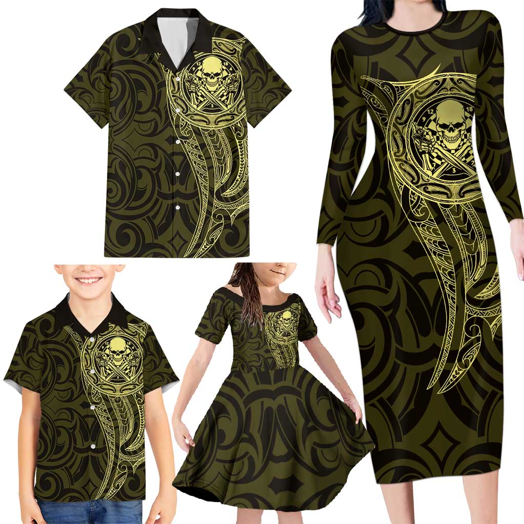 New Zealand Skull Darts Family Matching Long Sleeve Bodycon Dress and Hawaiian Shirt Aotearoa Maori Chest Tattoo Stylized Gold LT14 - Polynesian Pride