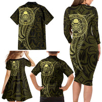 New Zealand Skull Darts Family Matching Long Sleeve Bodycon Dress and Hawaiian Shirt Aotearoa Maori Chest Tattoo Stylized Gold LT14 - Polynesian Pride