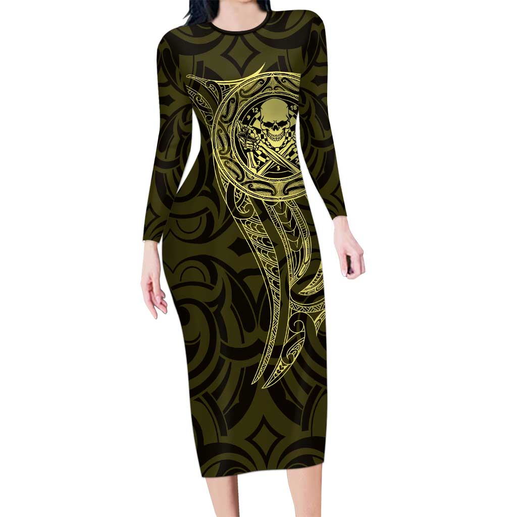 New Zealand Skull Darts Family Matching Long Sleeve Bodycon Dress and Hawaiian Shirt Aotearoa Maori Chest Tattoo Stylized Gold LT14 Mom's Dress Gold - Polynesian Pride