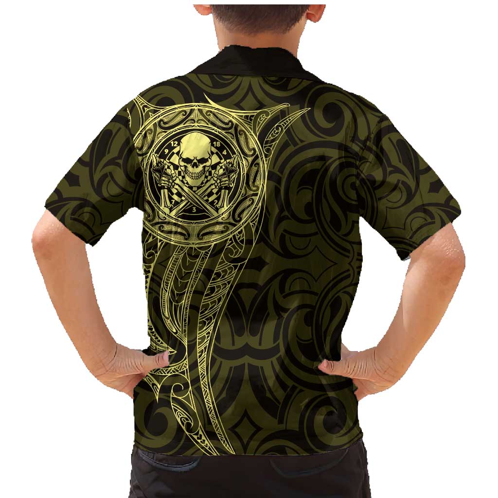 New Zealand Skull Darts Family Matching Mermaid Dress and Hawaiian Shirt Aotearoa Maori Chest Tattoo Stylized Gold LT14 - Polynesian Pride