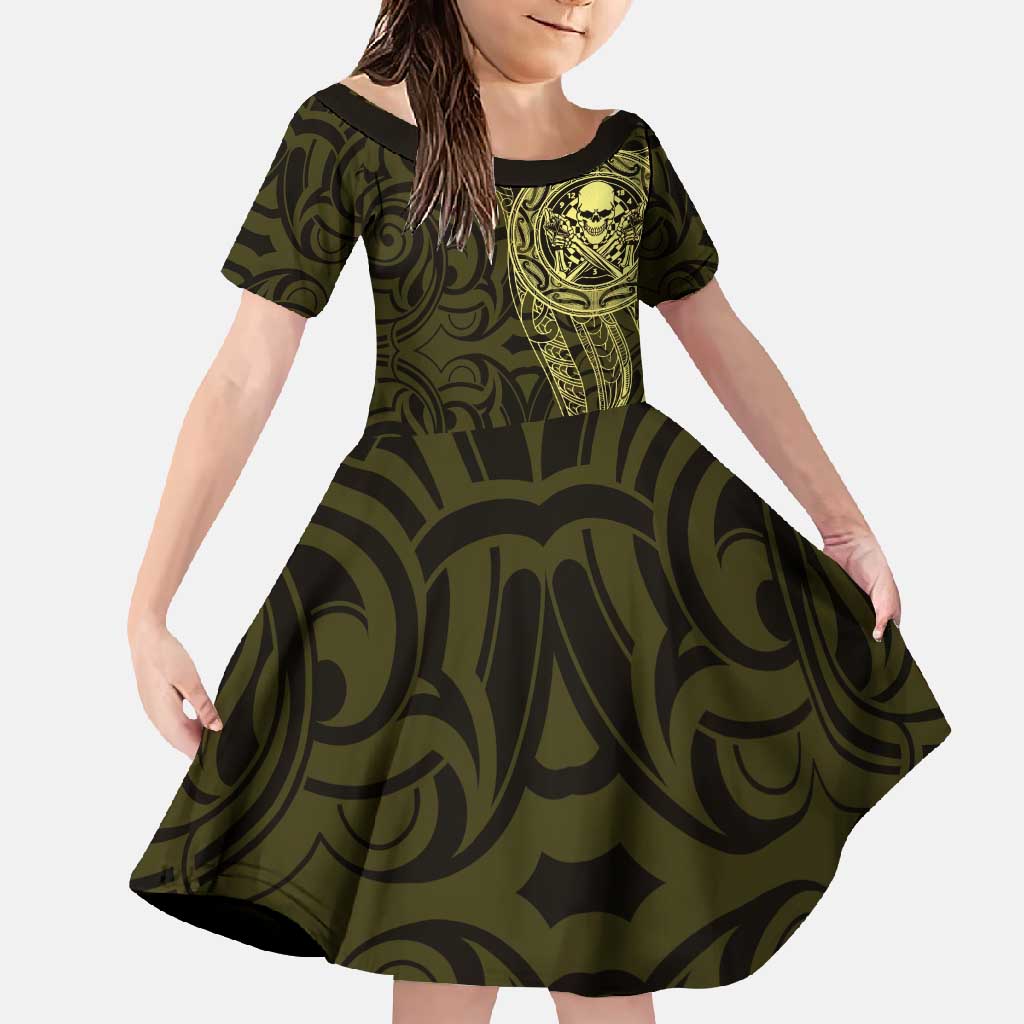 New Zealand Skull Darts Family Matching Mermaid Dress and Hawaiian Shirt Aotearoa Maori Chest Tattoo Stylized Gold LT14 Daughter's Dress Gold - Polynesian Pride