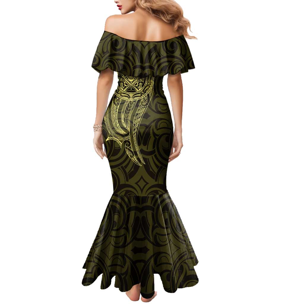 New Zealand Skull Darts Family Matching Mermaid Dress and Hawaiian Shirt Aotearoa Maori Chest Tattoo Stylized Gold LT14 - Polynesian Pride