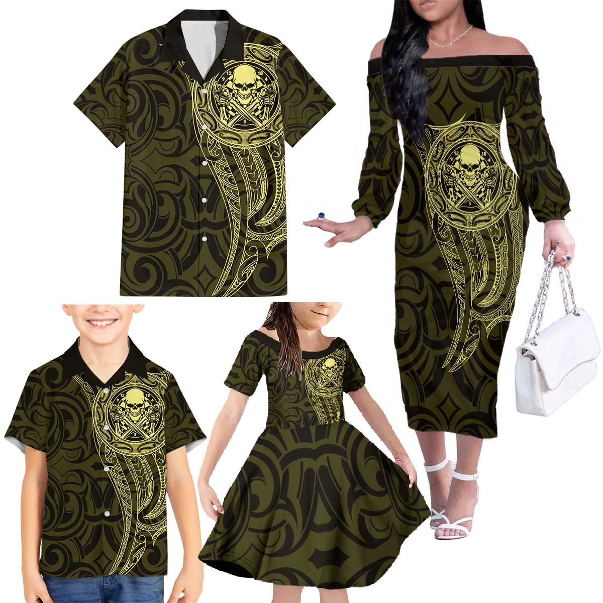 New Zealand Skull Darts Family Matching Off The Shoulder Long Sleeve Dress and Hawaiian Shirt Aotearoa Maori Chest Tattoo Stylized Gold - Polynesian Pride