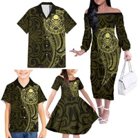 New Zealand Skull Darts Family Matching Off The Shoulder Long Sleeve Dress and Hawaiian Shirt Aotearoa Maori Chest Tattoo Stylized Gold LT14 - Polynesian Pride