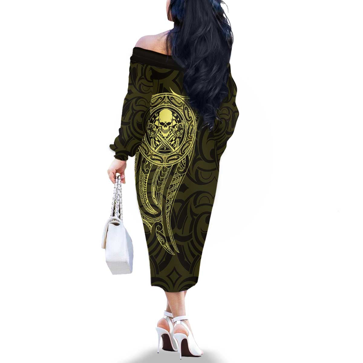 New Zealand Skull Darts Family Matching Off The Shoulder Long Sleeve Dress and Hawaiian Shirt Aotearoa Maori Chest Tattoo Stylized Gold LT14 - Polynesian Pride