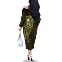 New Zealand Skull Darts Family Matching Off The Shoulder Long Sleeve Dress and Hawaiian Shirt Aotearoa Maori Chest Tattoo Stylized Gold LT14 - Polynesian Pride
