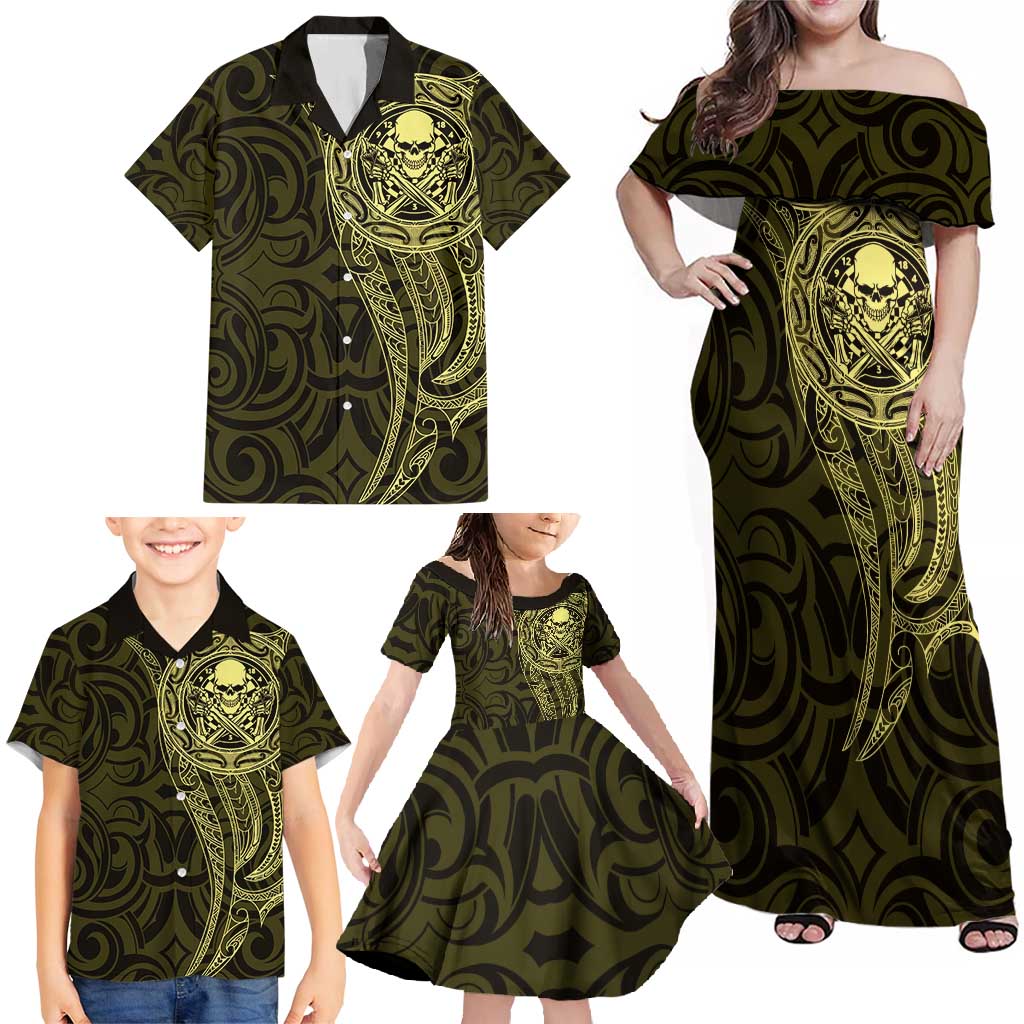 New Zealand Skull Darts Family Matching Off Shoulder Maxi Dress and Hawaiian Shirt Aotearoa Maori Chest Tattoo Stylized Gold - Polynesian Pride