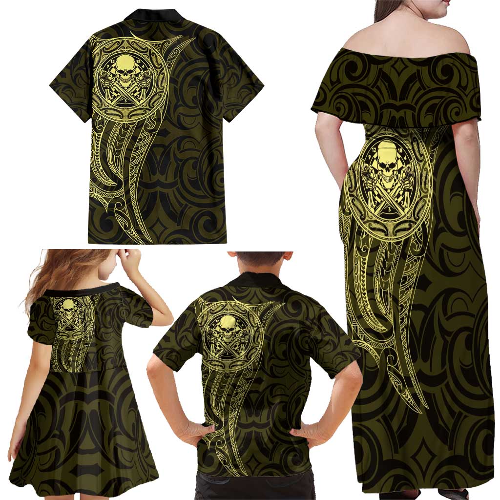 New Zealand Skull Darts Family Matching Off Shoulder Maxi Dress and Hawaiian Shirt Aotearoa Maori Chest Tattoo Stylized Gold LT14 - Polynesian Pride