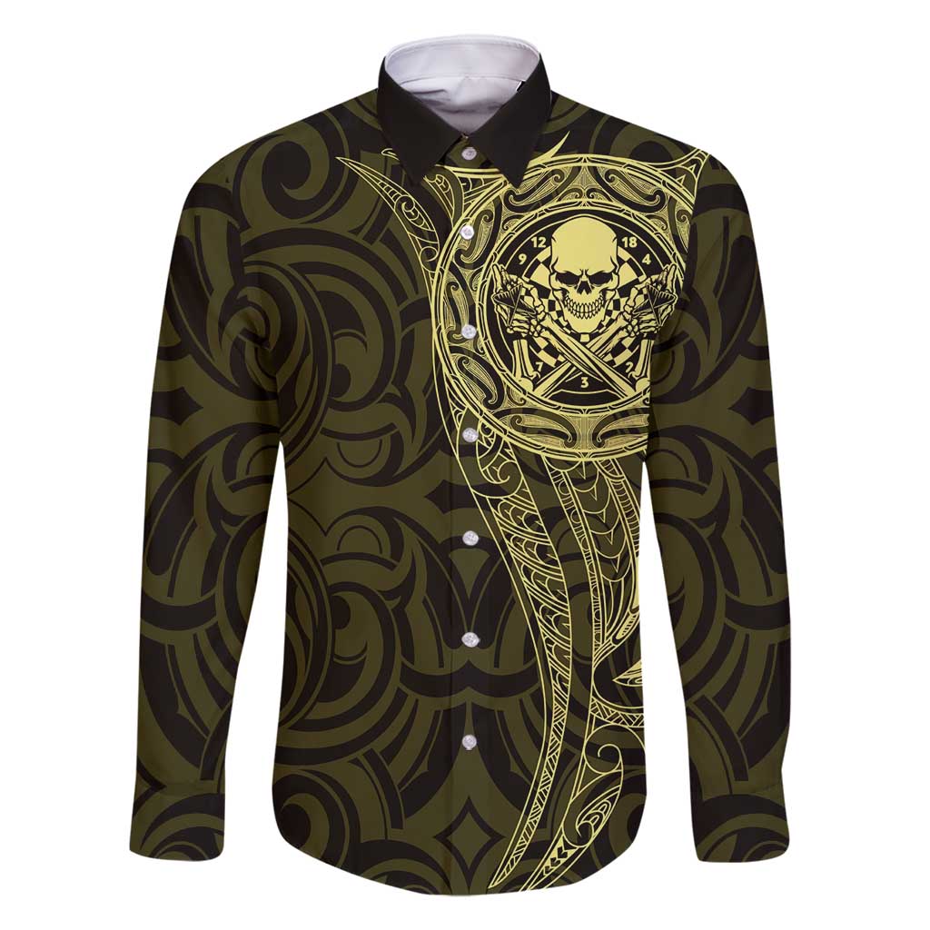 New Zealand Skull Darts Family Matching Off Shoulder Maxi Dress and Hawaiian Shirt Aotearoa Maori Chest Tattoo Stylized Gold LT14 Dad's Shirt - Long Sleeve Gold - Polynesian Pride