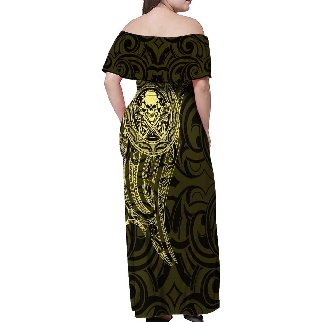 New Zealand Skull Darts Family Matching Off Shoulder Maxi Dress and Hawaiian Shirt Aotearoa Maori Chest Tattoo Stylized Gold LT14 - Polynesian Pride