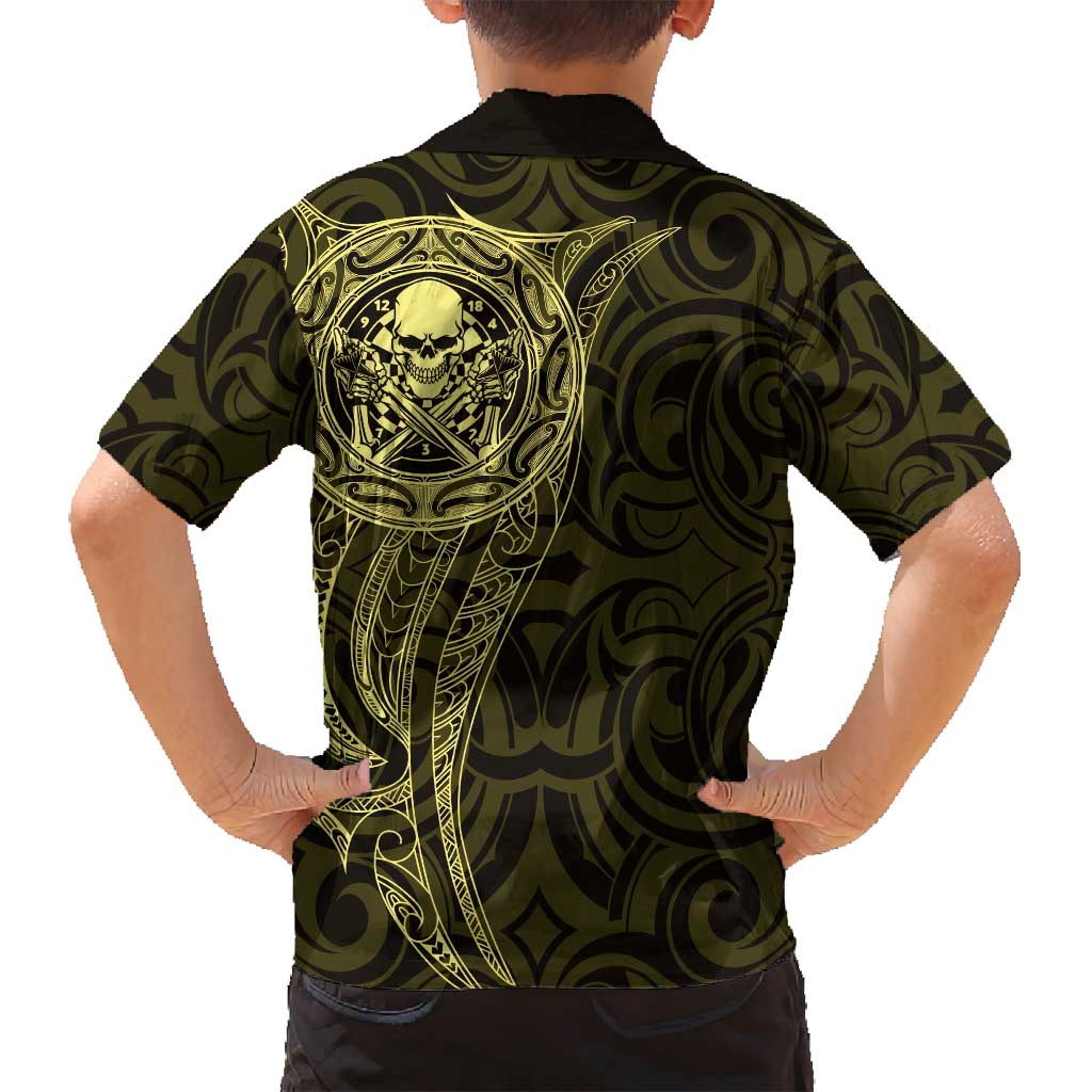 New Zealand Skull Darts Family Matching Off Shoulder Short Dress and Hawaiian Shirt Aotearoa Maori Chest Tattoo Stylized Gold LT14 - Polynesian Pride