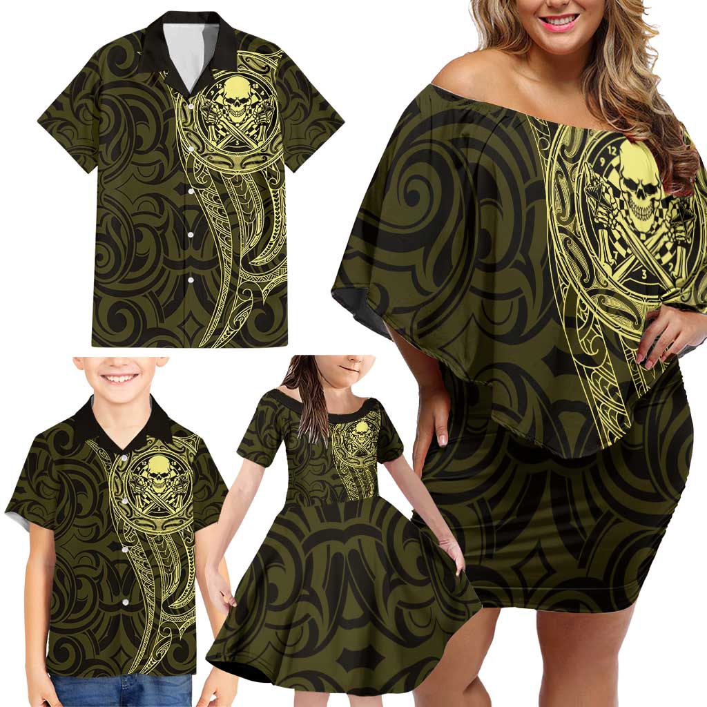 New Zealand Skull Darts Family Matching Off Shoulder Short Dress and Hawaiian Shirt Aotearoa Maori Chest Tattoo Stylized Gold LT14 - Polynesian Pride