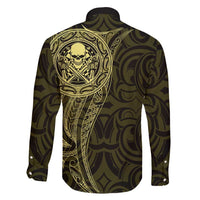 New Zealand Skull Darts Family Matching Off Shoulder Short Dress and Hawaiian Shirt Aotearoa Maori Chest Tattoo Stylized Gold LT14 - Polynesian Pride