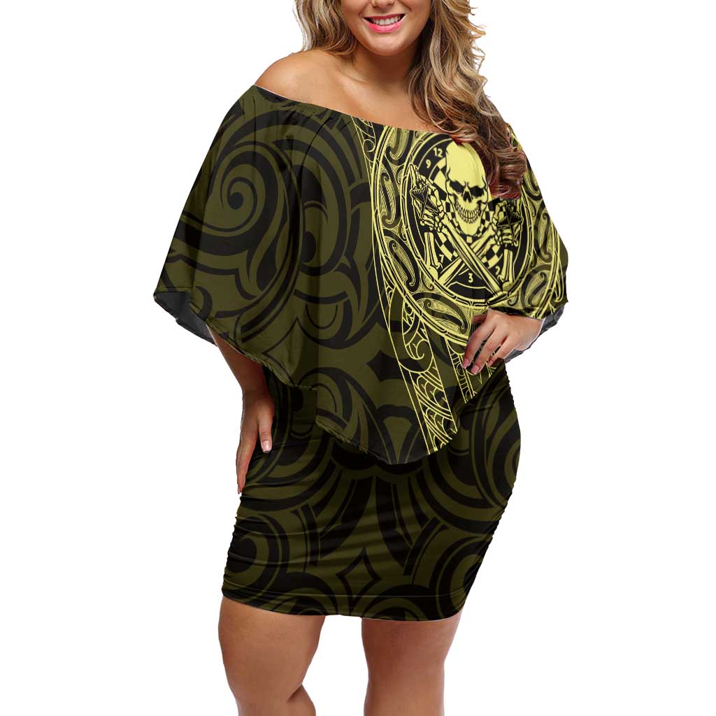 New Zealand Skull Darts Family Matching Off Shoulder Short Dress and Hawaiian Shirt Aotearoa Maori Chest Tattoo Stylized Gold LT14 Mom's Dress Gold - Polynesian Pride