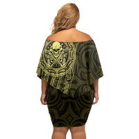New Zealand Skull Darts Family Matching Off Shoulder Short Dress and Hawaiian Shirt Aotearoa Maori Chest Tattoo Stylized Gold LT14 - Polynesian Pride