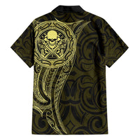 New Zealand Skull Darts Family Matching Puletasi and Hawaiian Shirt Aotearoa Maori Chest Tattoo Stylized Gold - Polynesian Pride