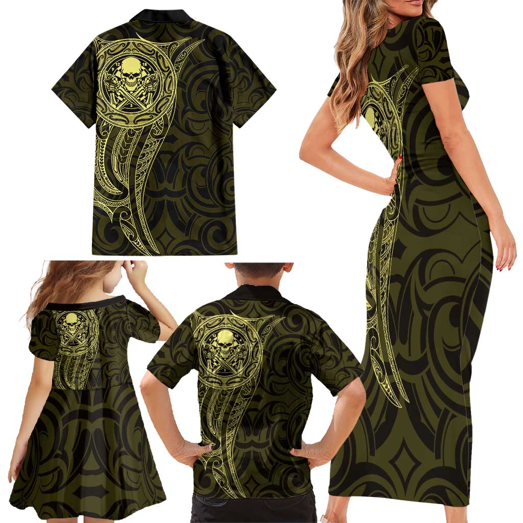 New Zealand Skull Darts Family Matching Short Sleeve Bodycon Dress and Hawaiian Shirt Aotearoa Maori Chest Tattoo Stylized Gold LT14 - Polynesian Pride
