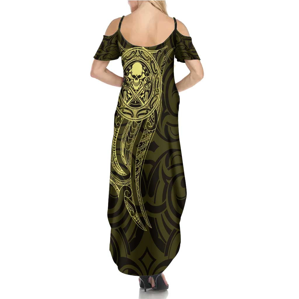 New Zealand Skull Darts Family Matching Summer Maxi Dress and Hawaiian Shirt Aotearoa Maori Chest Tattoo Stylized Gold LT14 - Polynesian Pride