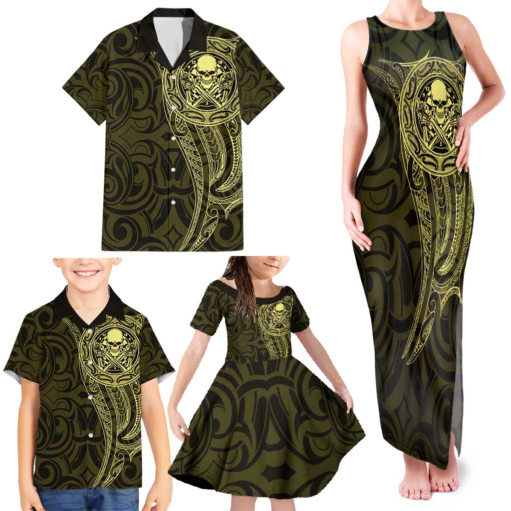 New Zealand Skull Darts Family Matching Tank Maxi Dress and Hawaiian Shirt Aotearoa Maori Chest Tattoo Stylized Gold LT14 - Polynesian Pride