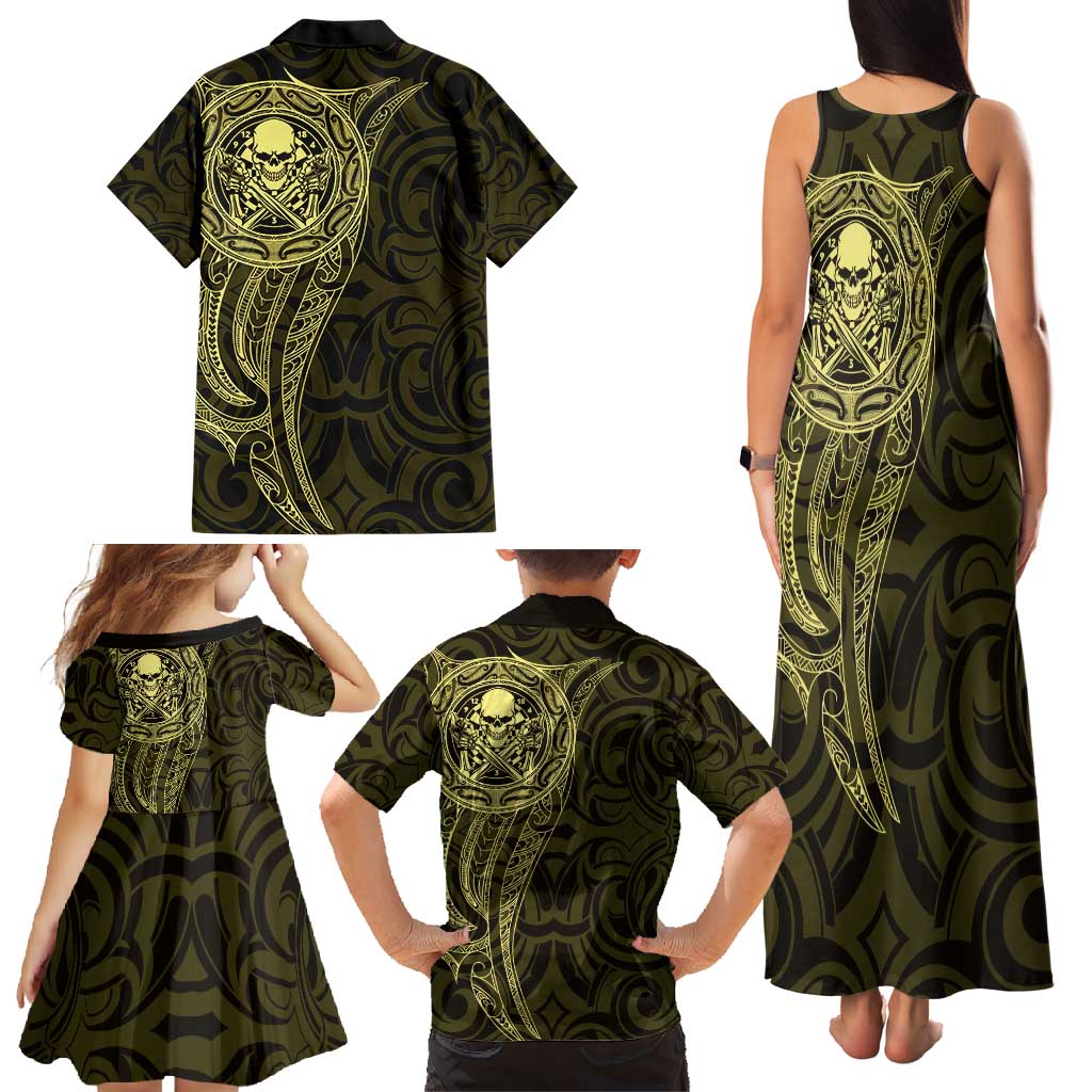 New Zealand Skull Darts Family Matching Tank Maxi Dress and Hawaiian Shirt Aotearoa Maori Chest Tattoo Stylized Gold LT14 - Polynesian Pride